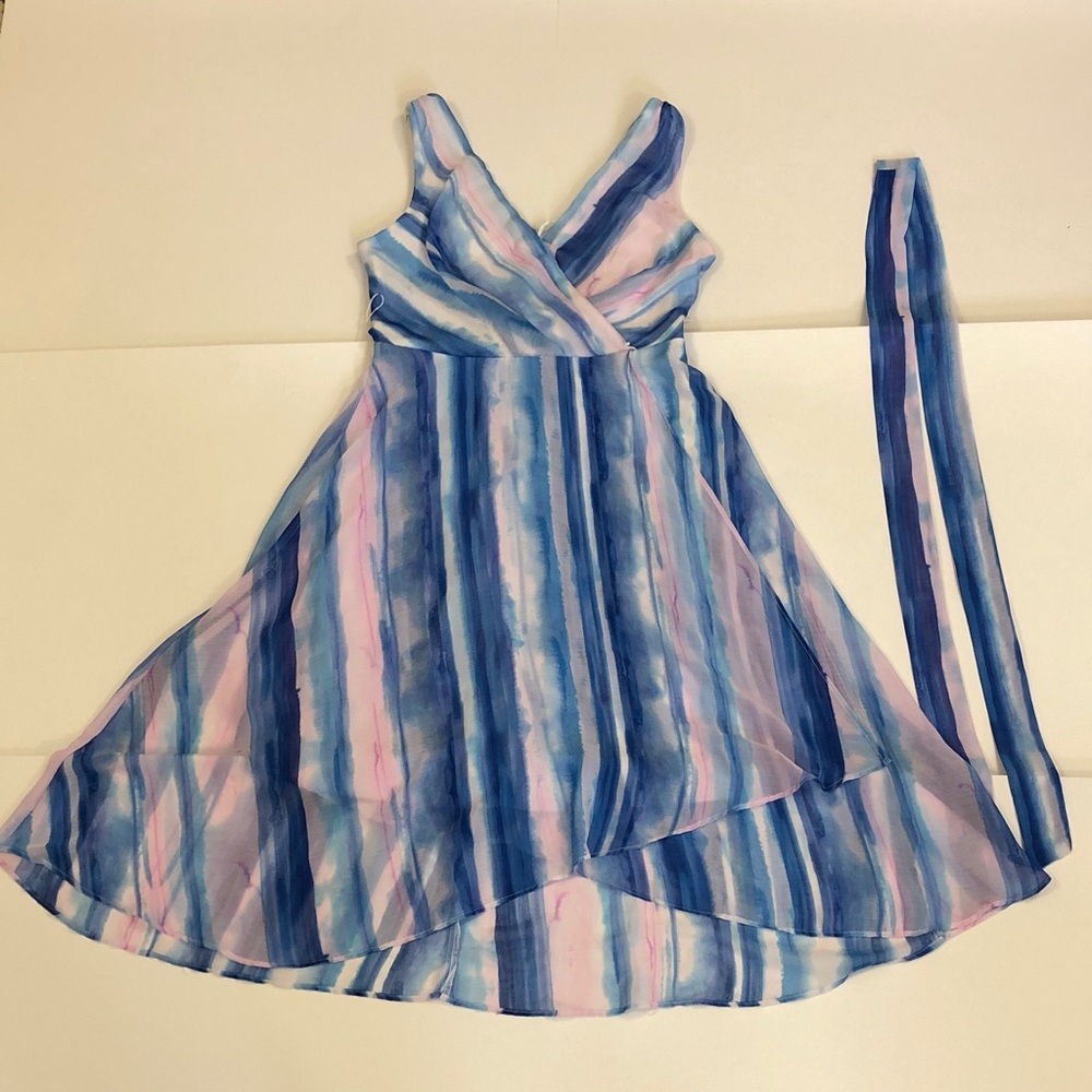 DKNY 4 Dress Blue Pink White Striped Flow Strap Wrap style w Belt Sash Excellent